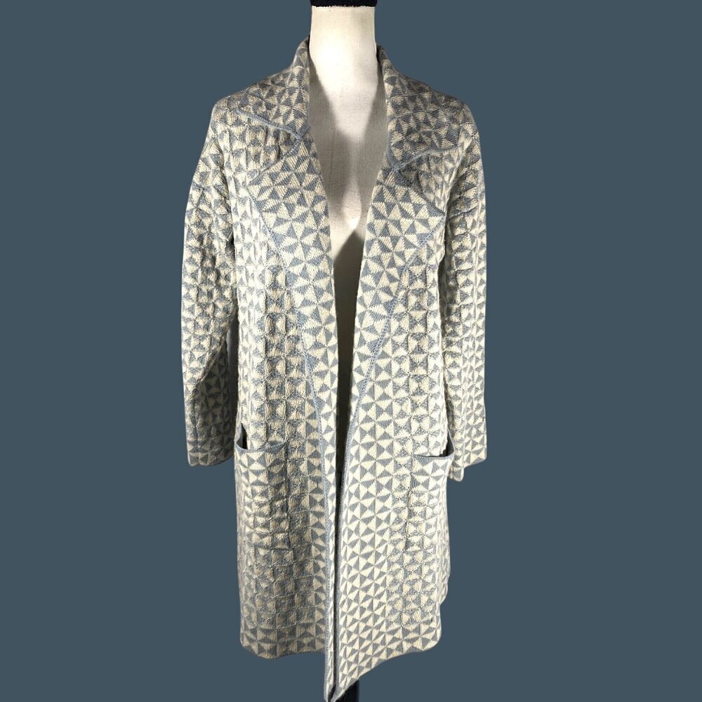 Oleana Womens Medium Alpaca Cardigan Coat Made In Norway Geometric Pattern Blue